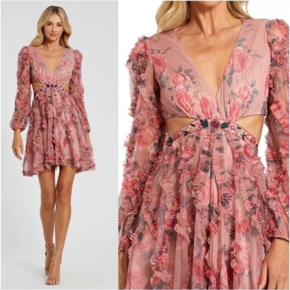 Mac Duggal Dresses & Skirts - Mac Duggal Side 4 Pink Floral A9151 Long Sleeve V Neck Cut Out Mesh Mini Dress